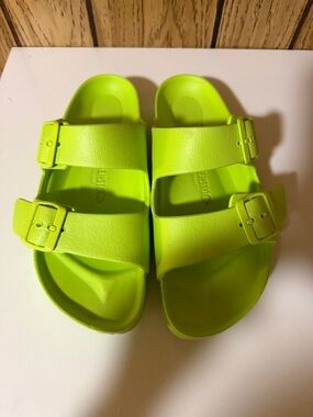 Birkenstock women’s size 38 Neon Green Slide Sandals with Adjustable Buckles
